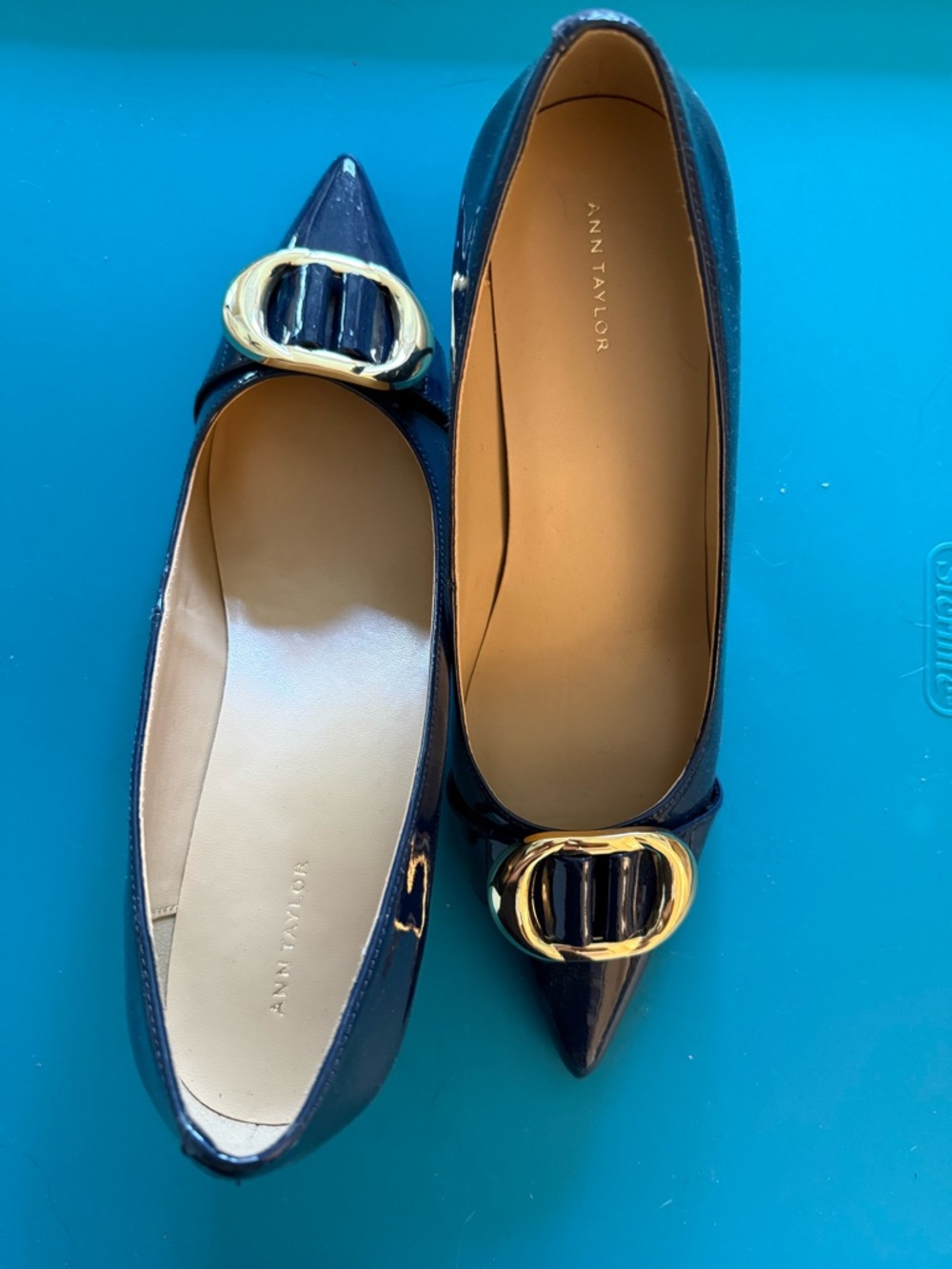 Ann Taylor Navy Patent Pointed-Toe Flats with Gold Buckle